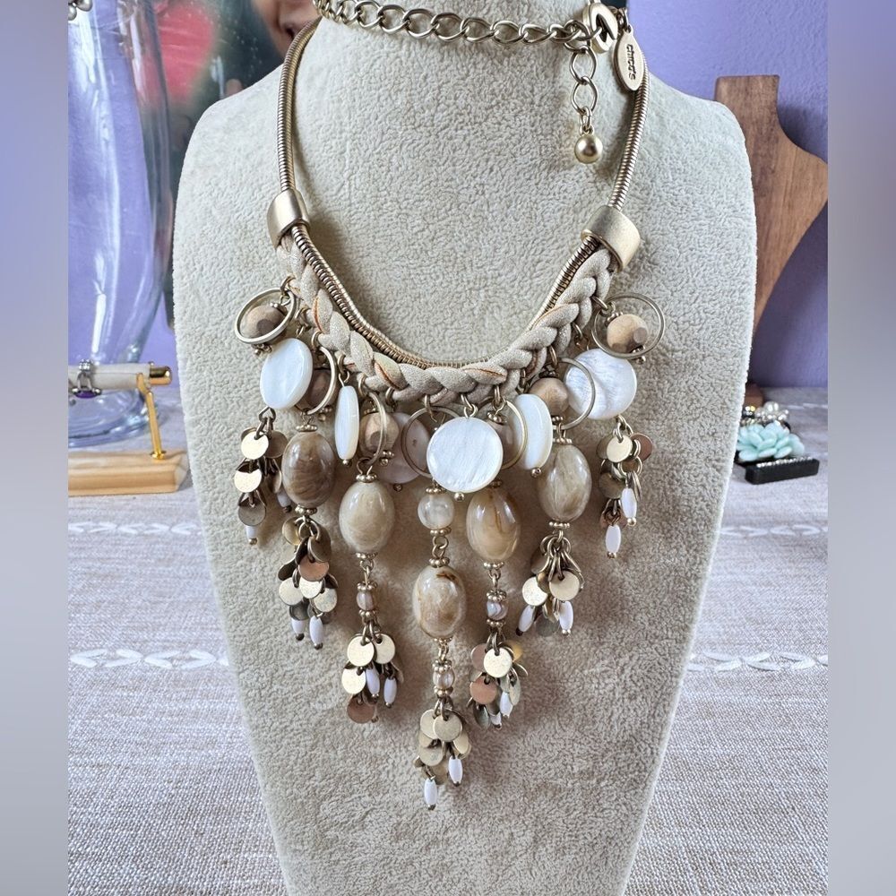 Chicos Elegant Gold and Cream Statement Necklace